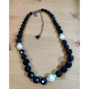 Black Beaded 16" Necklace Faceted Beads Pearl & Rhinestone Accents Adjustable